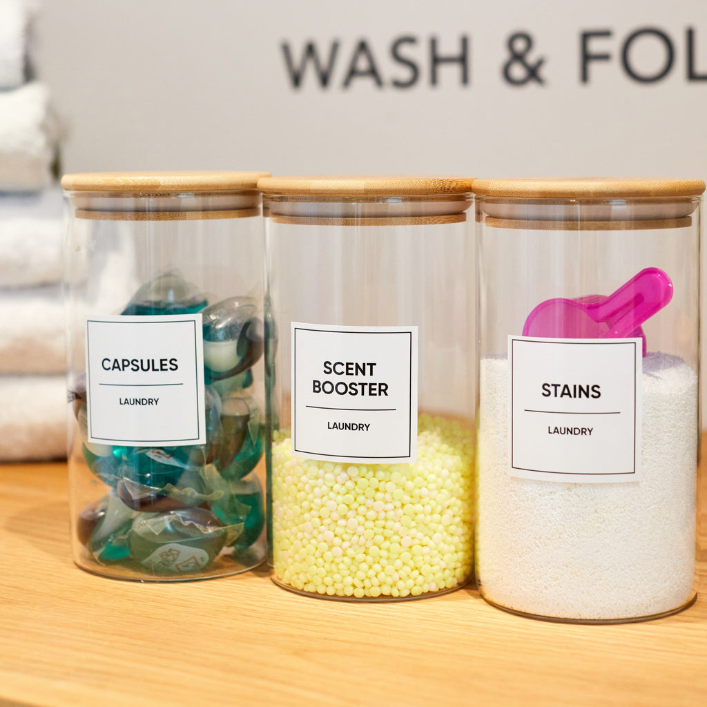 Glass storage jars and luxury laundry labels by CLOSSY. Create a beautiful and organised laundry or utility room that is decluttered and in order. 